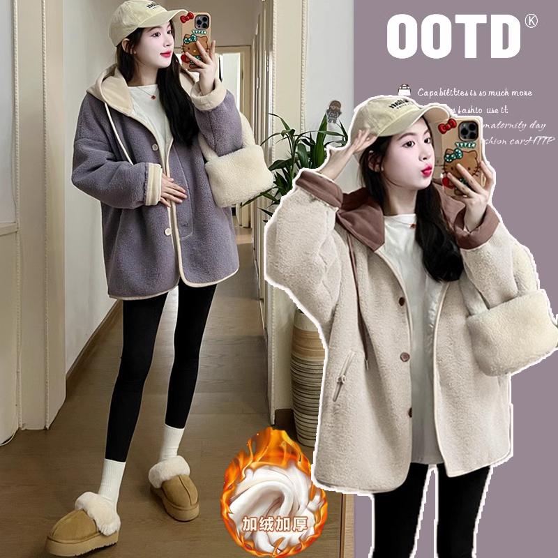 Pregnant Woman Autumn Winter Clothing 2023 New Suit Fashion Plus Suede Thickened Sheep Lamb Jacket Autumn Winter Blouse Two Sets-Taobao