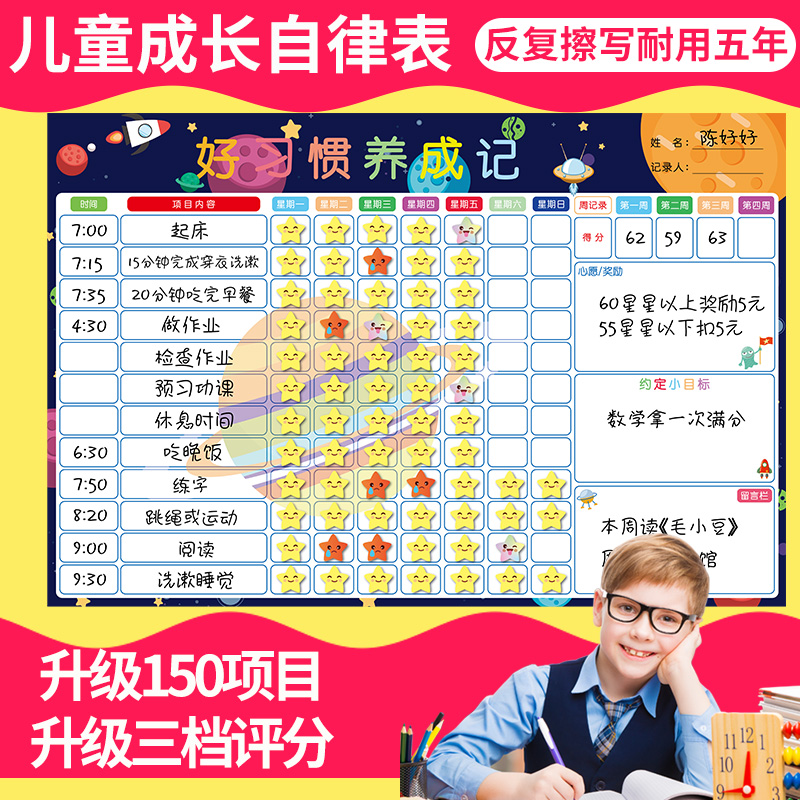 Three grades of scoring] Children's growth self-discipline table summer vacation schedule points reward wall tile whiteboard good habits to develop primary school students kindergarten family schedule self-discipline artifact behavior