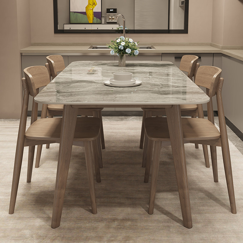 Rock plate table Nordic bright light solid wood rectangular dining table modern minimalist small family of marble dining table and chairs