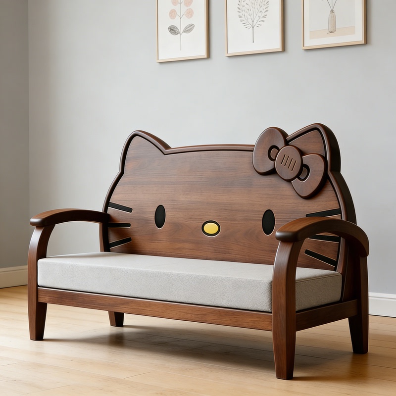 Cartoon-Style Cat-Shaped Single Sofa Chair, Cute Children's Single Seat, Solid Wood Home-Use Creative Lazy Sofa Chair