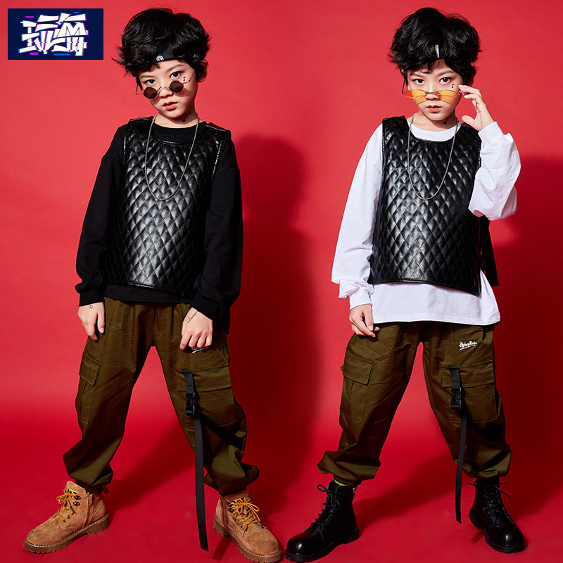 Boys' hip-hop trendy clothes overalls leather vest hip-hop loose and handsome children's hiphop catwalk costumes