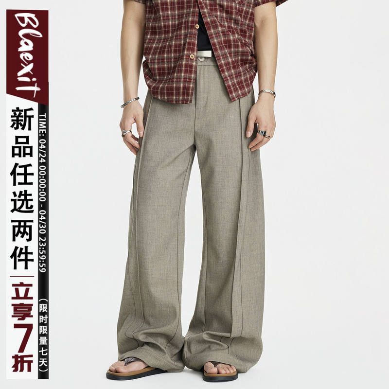 Blaexit Retro Vintage Style Patchwork Deconstructed Drape Linen Trousers Men's Straight Loose Casual Work Pants