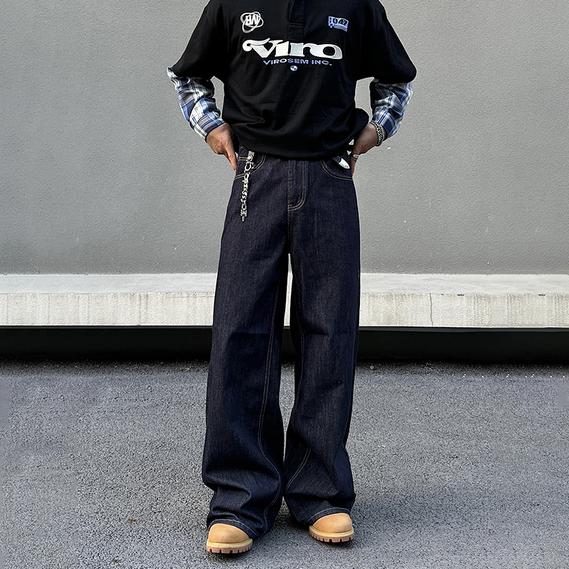 Blaexit American-Style Dark Blue Denim Jeans for Men, Vintage Straight-Leg Loose Casual Flared Original Color Wide-Leg Pants