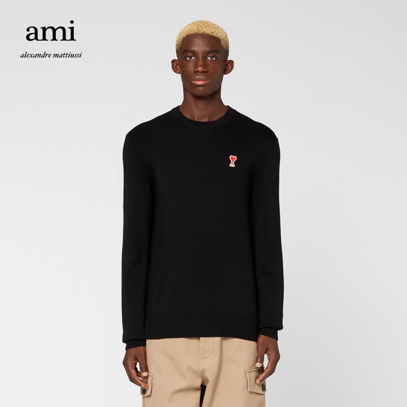 AMI Men's classic caring wool pure casual sports simple round collar sweater