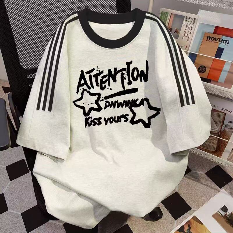 Pure Cotton 2026 Summer Niche Loose Patchwork Short-Sleeve T-Shirt for Women, American-Style Three-Stripe Letter Print Big Kid Top Pure Cotton 2026 Summer Niche Loose Patchwork Short-Sleeve T-Shirt for Women, American-Style Three-Stripe Letter Print Big Kid Top