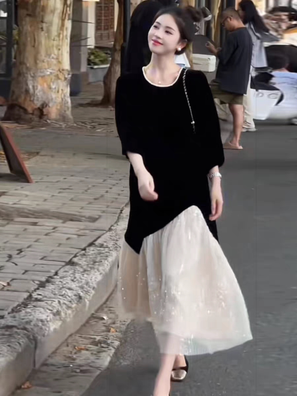 European Station 2026 Spring New French Style High-End Patchwork Sequin Mesh Elegant Black Velvet Long Dress