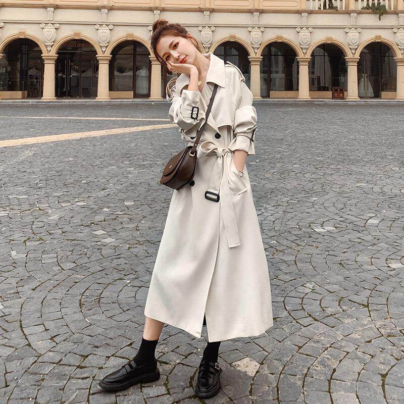 White windbreaker women's 2020 spring and autumn new Korean version of retro English style lace-up long version of knee coat coat coat