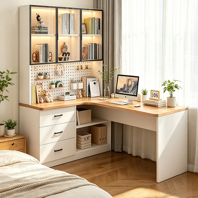 Computer Desk for Bedroom, Home Use, Student Writing Desk, Desk with Bookshelf, Integrated Bedside Table, Simple Color-Blocking Desktop Office Desk