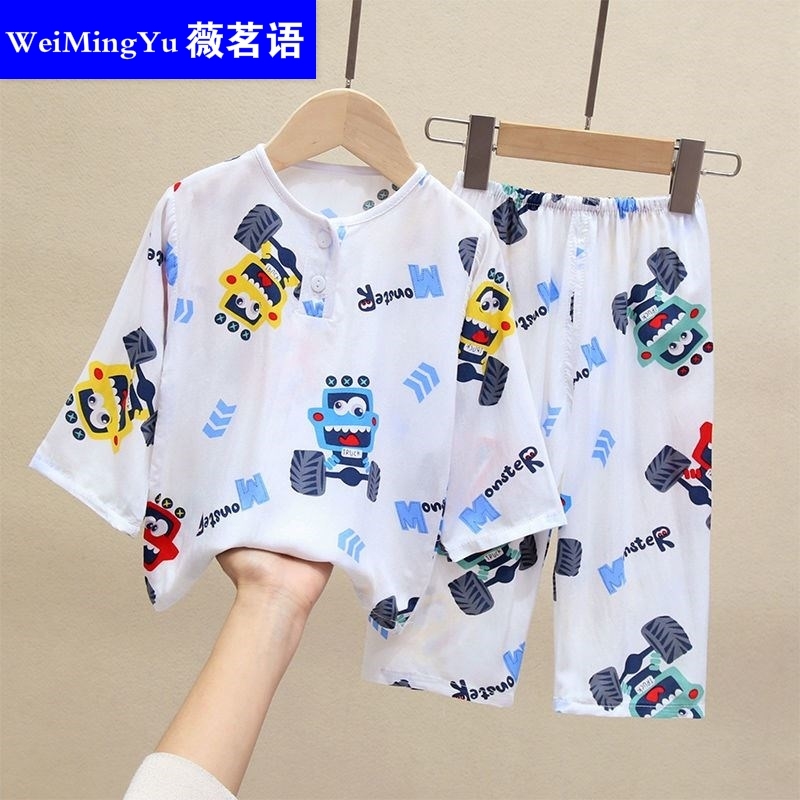  Cotton Silk Pyjamas Children Summer Thin Air Conditioning Suit Boy Boy Girl Girl Girl Girl Long Sleeve Baby Home Cover