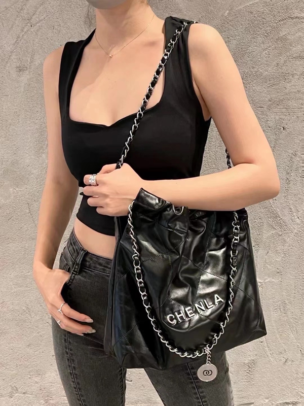 Original Leather Chanel-Style Cowhide Black and Silver Trash Bag Bag 22Bay Shoulder Bag Shopping Bag Quilted Chain Tote Bag