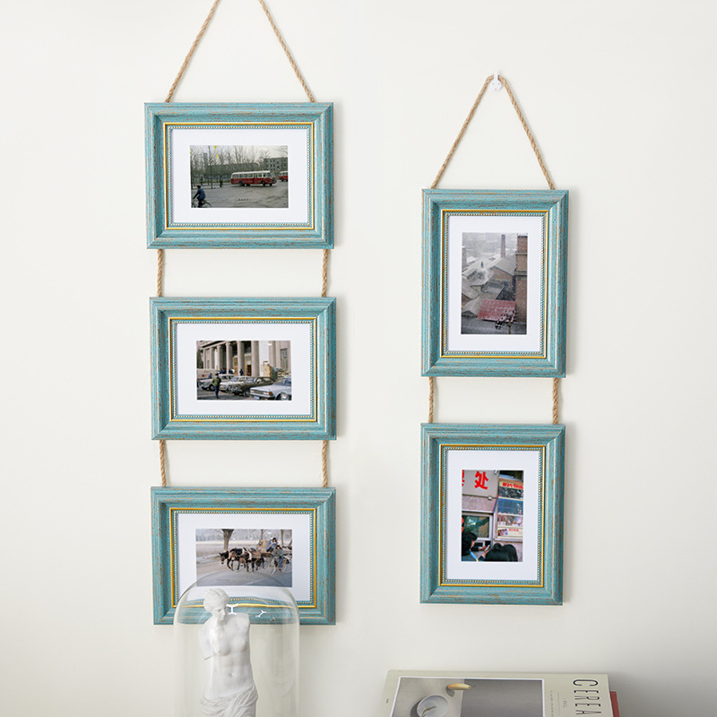 Creative and Simple Nordic Photo Frame Wall Hanging 8, 6, and 7 Inch Combination Three-Piece Set with Hemp Rope Wall Hanging Wooden Photo Wall Decoration