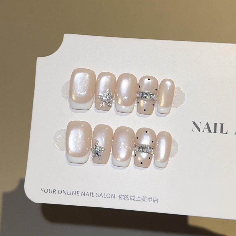 【French Miu Sweet】Gentle French Manicure ins Style Purely Handmade Wearable Nails Short Nail Art Stickers Fake Nails 【French Miu Sweet】Gentle French Manicure ins Style Purely Handmade Wearable Nails Short Nail Art Stickers Fake Nails