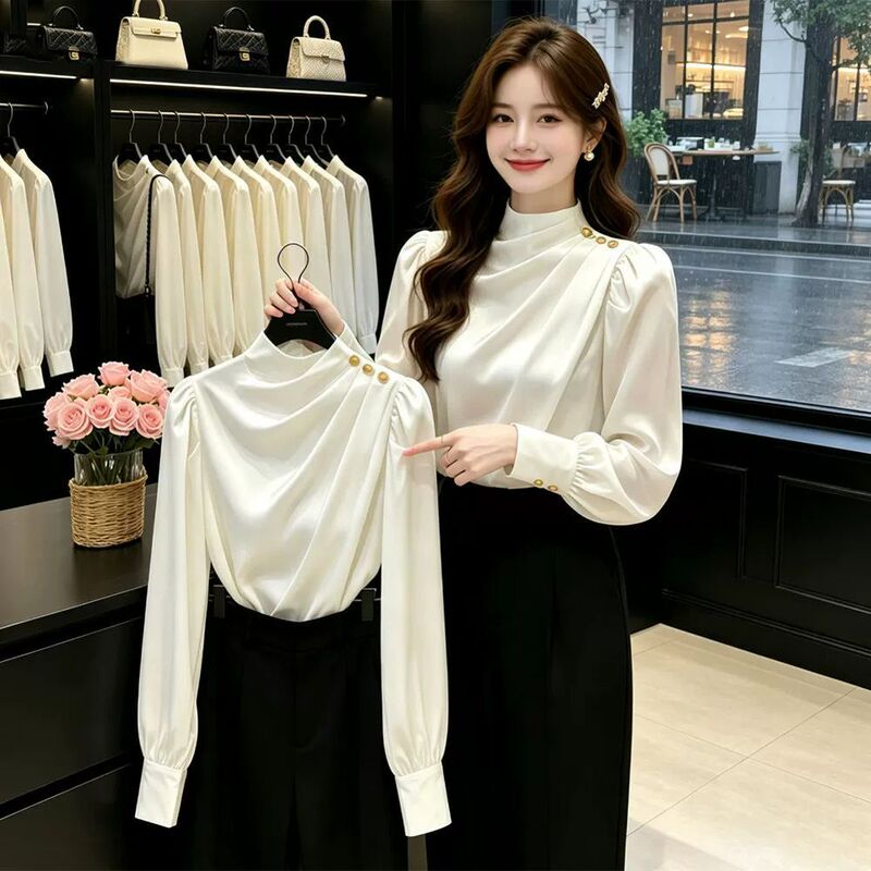Intellectual and Elegant Style High-Neck Pleated Shirt for Women, Long-Sleeved White Slimming Design Top