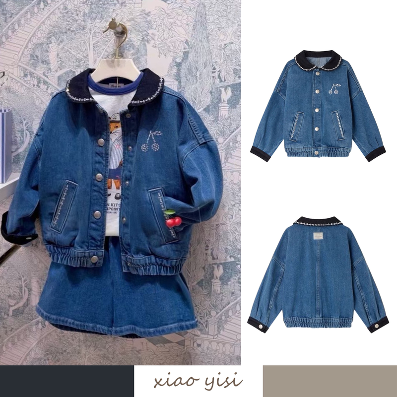 Xiaoyisi 26 Girls' Denim Vintage Lapel Embroidered Cherry Jacket All-Cotton Washed Soft Denim Jacket Xiaoyisi 26 Girls' Denim Vintage Lapel Embroidered Cherry Jacket All-Cotton Washed Soft Denim Jacket