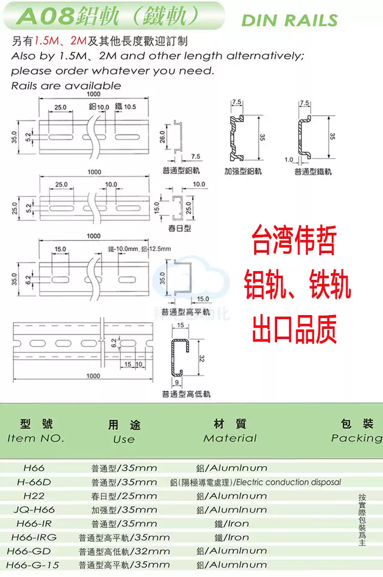 A68 Rails 正品台湾伟哲A08铝轨H66导轨JQ/C45DIN卡轨IR铁轨35mm支架I662-淘宝Taobao | 天猫Tmall