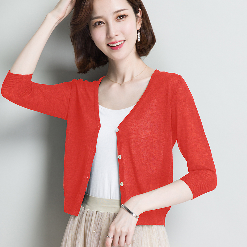 Spring and Summer Fashion Intellectual Style Mulberry Silk Sun Protection Cardigan for Women, Short Summer Shawl, Thin Knit Air Conditioning Shirt to Pair with Dresses