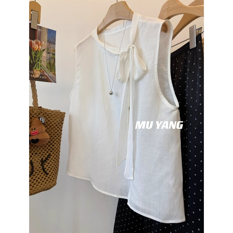 Korean Dongdaemun Women's White Round-Neck Linen Tank Top Shirt Summer New Style Bow Tie Sleeveless Top