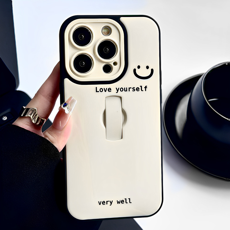 High-End Ring Stand Smiley Face Case Suitable for iPhone 16 Pro, Apple 17, New Models 14/15, Niche 12 Pro, 13 Pro Max Full Coverage Lens Anti-Drop Protective Case, Simple Design for Men and Women