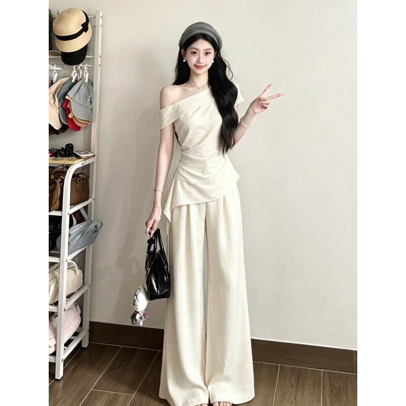 Very Stylish Ootd Outfit Set 2026 Summer New Style Off-Shoulder Short-Sleeve T-Shirt Wide-Leg Pants Two-Piece Set for Women