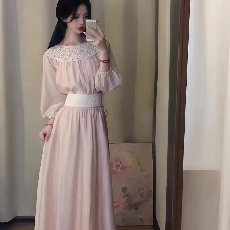 French-Style Gentle Pink Lace Trim Top and Long Skirt Set, Early Autumn New Niche High-End Elegant Dress French-Style Gentle Pink Lace Trim Top and Long Skirt Set, Early Autumn New Niche High-End Elegant Dress