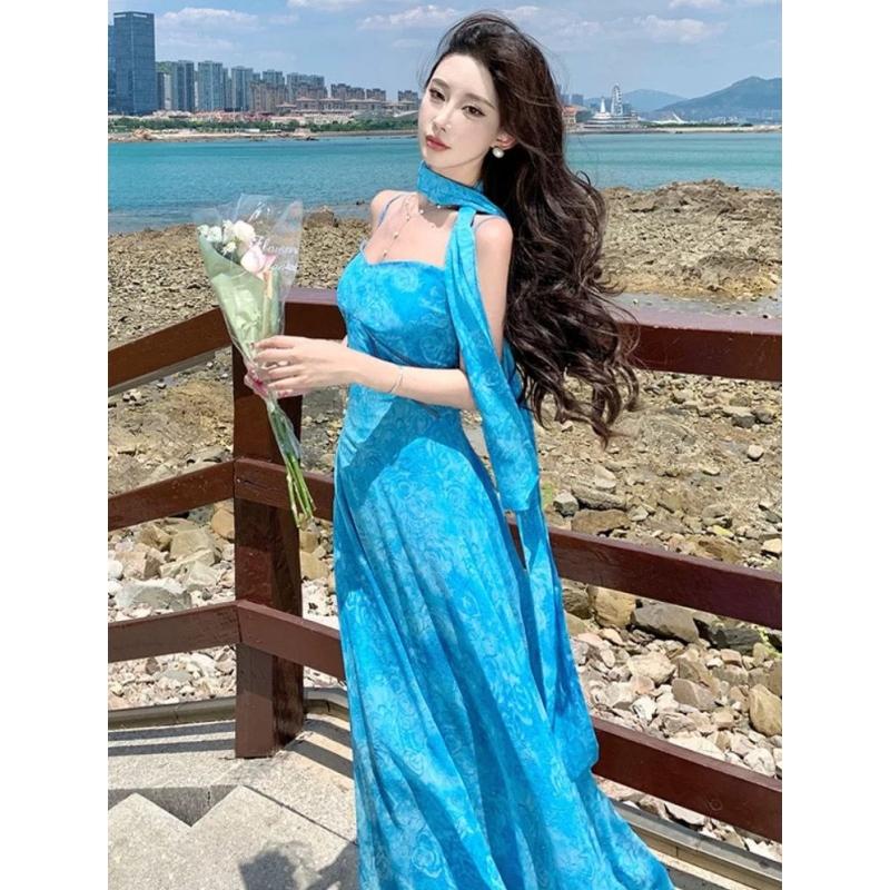 Southern French Seaside Resort Style Blue Tie-Dye Spaghetti Strap Dress, Stunning and Ethereal, with a Flowing and Elegant Waist-Cinching Beach Maxi Dress