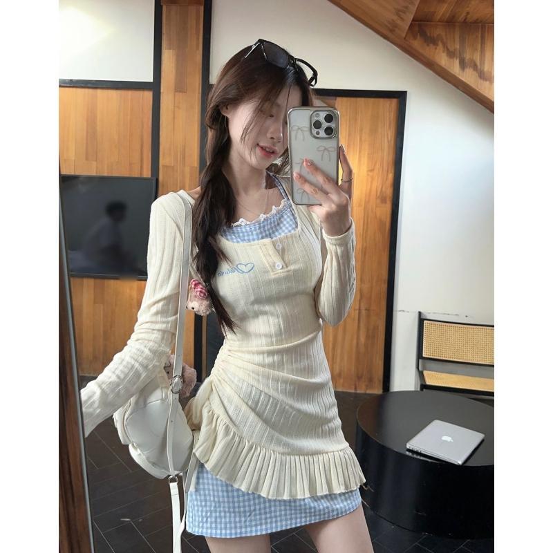 Purely Sexy and Sweet Girl Fake Two-Piece Dress for Women, 2026 New Korean Style Sweet Petite Bodycon Short Skirt