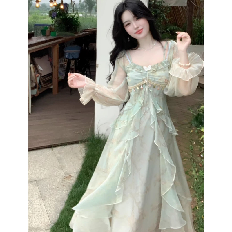 French-Style Fairy-Like Off-The-Shoulder Dress, Super Pretty Long-Sleeved Pure Desire Ruffled Holiday-Style Tea Break Long Dress