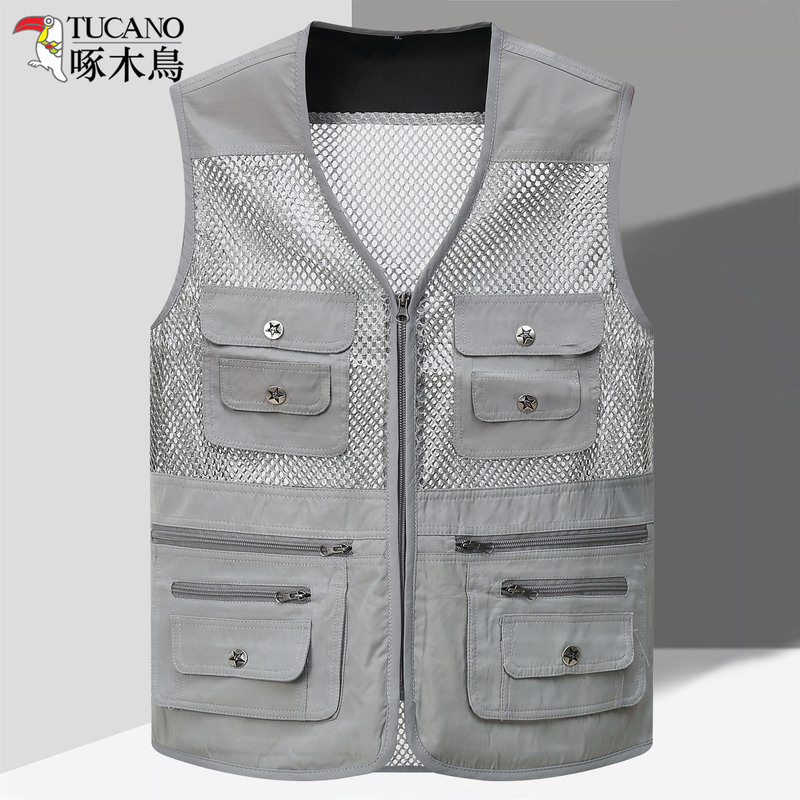 Woodpecker Men's Vest Summer Thin Mesh Multi-Pocket Fishing Vest for Elderly Outdoor Wear Dad's Vest