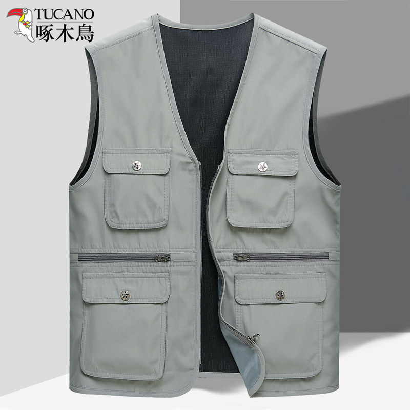 Woodpecker Brand Vest for Middle-Aged and Elderly Men, Spring and Autumn Casual Loose Multi-Pocket Vest for Grandpa, Elderly, and Dad