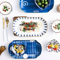 Ceramic fish plate household steamed fish net red tableware plate can be steamed rectangular Japanese large creative Nordic style