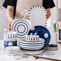 Glazed hand-painted Japanese tableware dish set Household Nordic ceramic bowls and chopsticks dishes tableware Eating bowls and dishes and chopsticks