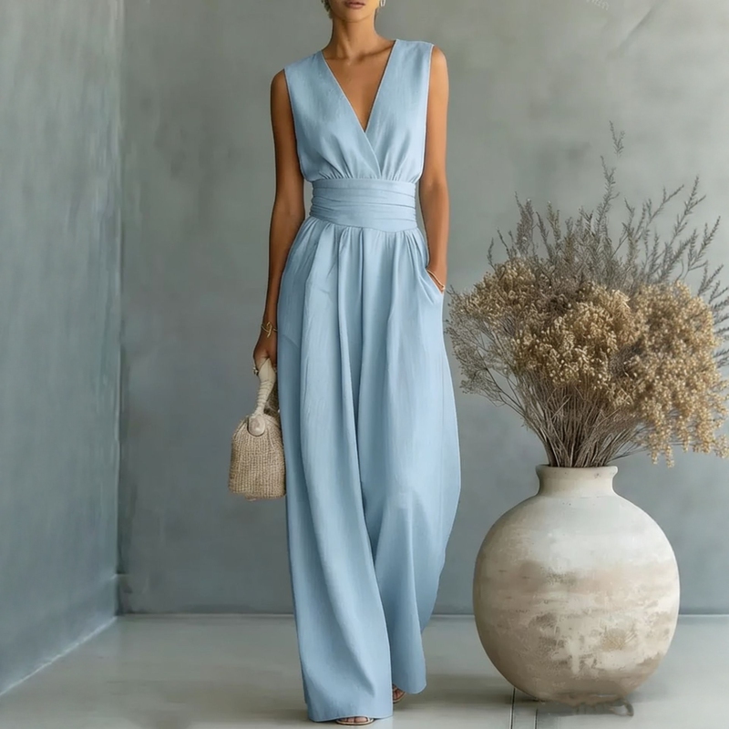 Cross-Border Foreign Trade Sleeveless V-Neck Dress Women's Waist-Cinching Long Dress Casual Jumpsuit Dress and Jumpsuit