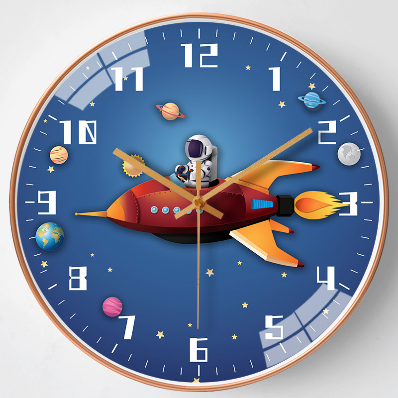 Boy's children's house hanging bell Cartoon Home Bedroom Ultra Silent Clock Watch Space Astronaut Living-room Hanging Wall Hanging Watch