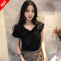 2020 new Korean version of the word collar ruffle edge ice silk strapless sexy T-shirt women slim short-sleeved top summer students