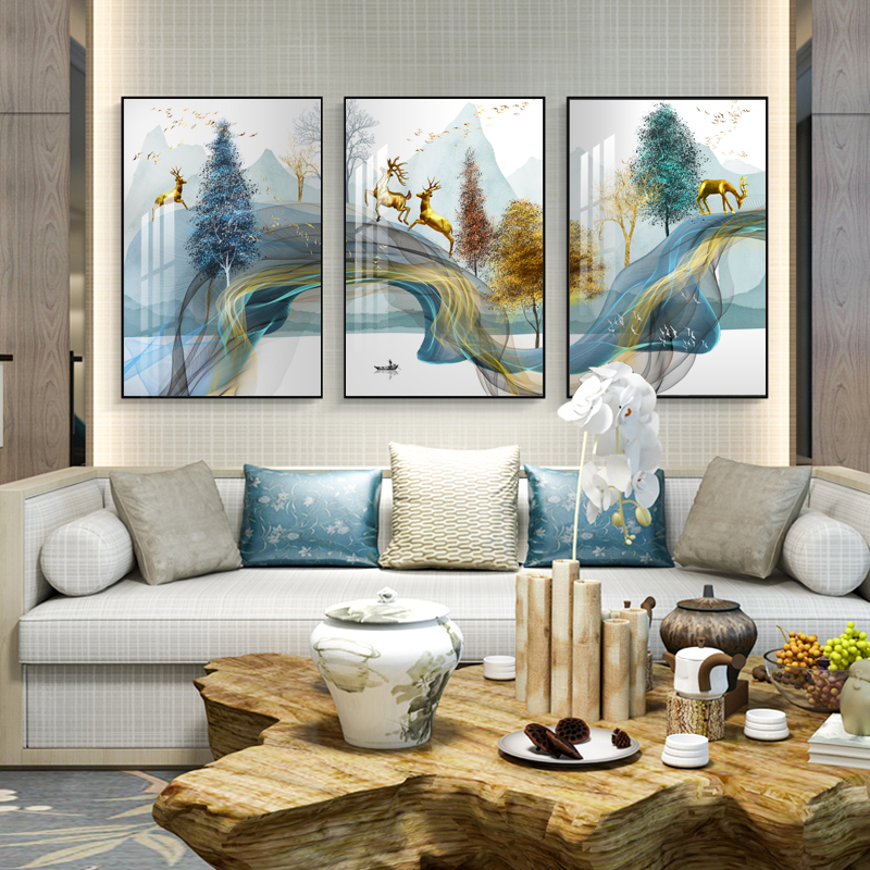 Combination decoration painting modern simple triptych living room hanging painting sofa background wall dining room Zhao Cai lu light luxury crystal porcelain painting