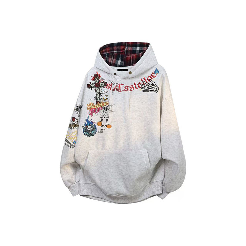 Nasawassup American Graffiti Style Printed Couple's Clothing High Street Fashion Brand Plaid Lined Hooded Sweatshirt