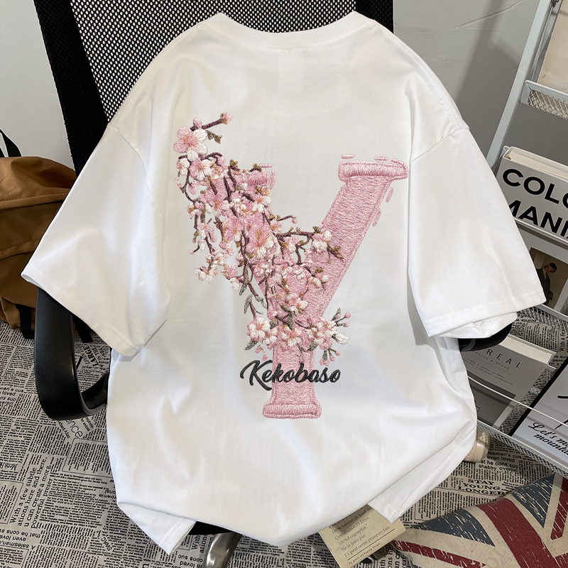 Nasawassup Letter Y Floral Print Short-Sleeved T-Shirt for Men and Women with a Niche Design, Dropped Shoulder Sleeves, Loose Fit, Round Neck