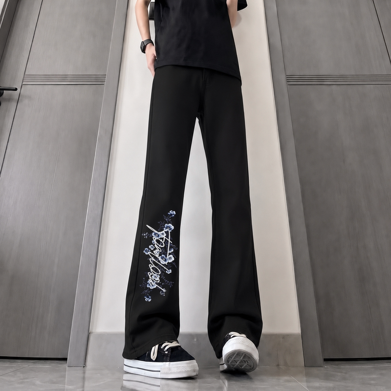American Retro Floral Letter Print Flared Pants Summer Unisex High Street Fashion Slim Casual Long Pants Versatile American Retro Floral Letter Print Flared Pants Summer Unisex High Street Fashion Slim Casual Long Pants Versatile