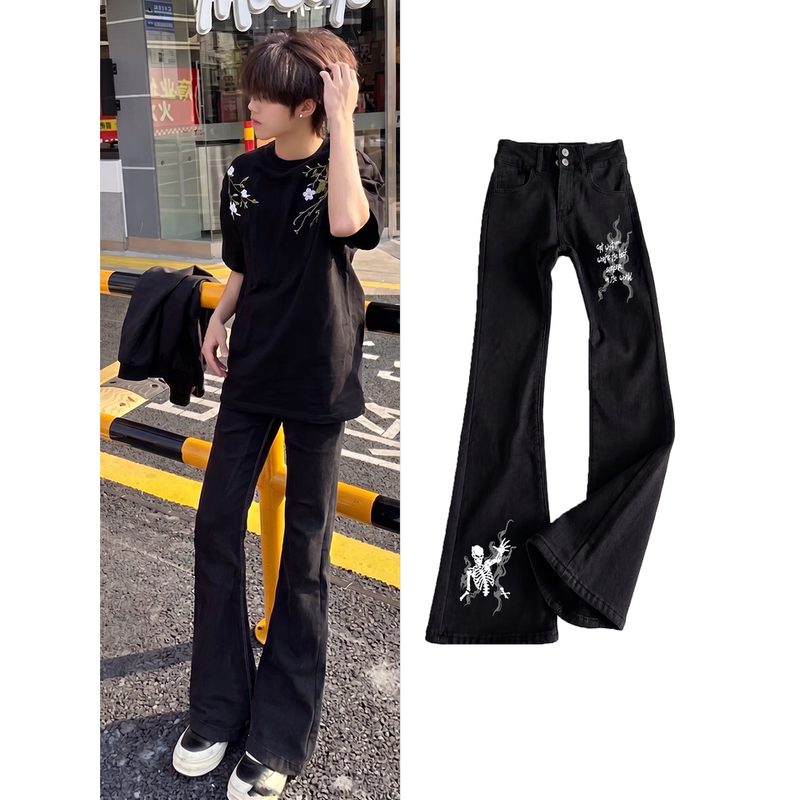 Skull Print Flared Jeans Unisex Slim Fit Low Waist Trendy Brand Pants All-Season Zipper Fashion