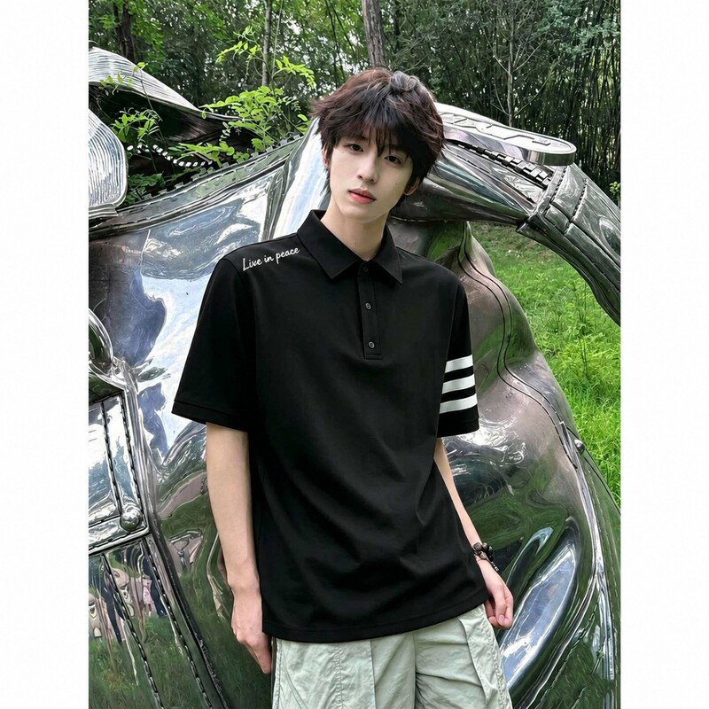 Casual Style Letter-Printed Three-Stripe Polo Shirt for Men and Women, Loose-Fitting, Drop-Shoulder Sleeves, Round Neck Top, Versatile and Breathable