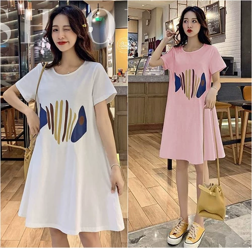 Летнее платье для беременных, тонкая юбка, длинный летний комплект, летняя одежда, короткий рукав, оверсайз, средней длины