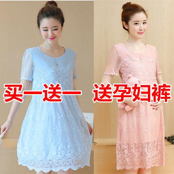 Pregnant woman Ocean dress Summer thin short sleeves Loose Large Size Fashion Lace Medium Long version of blouse Skirt Gestation Women Dress summer clothes