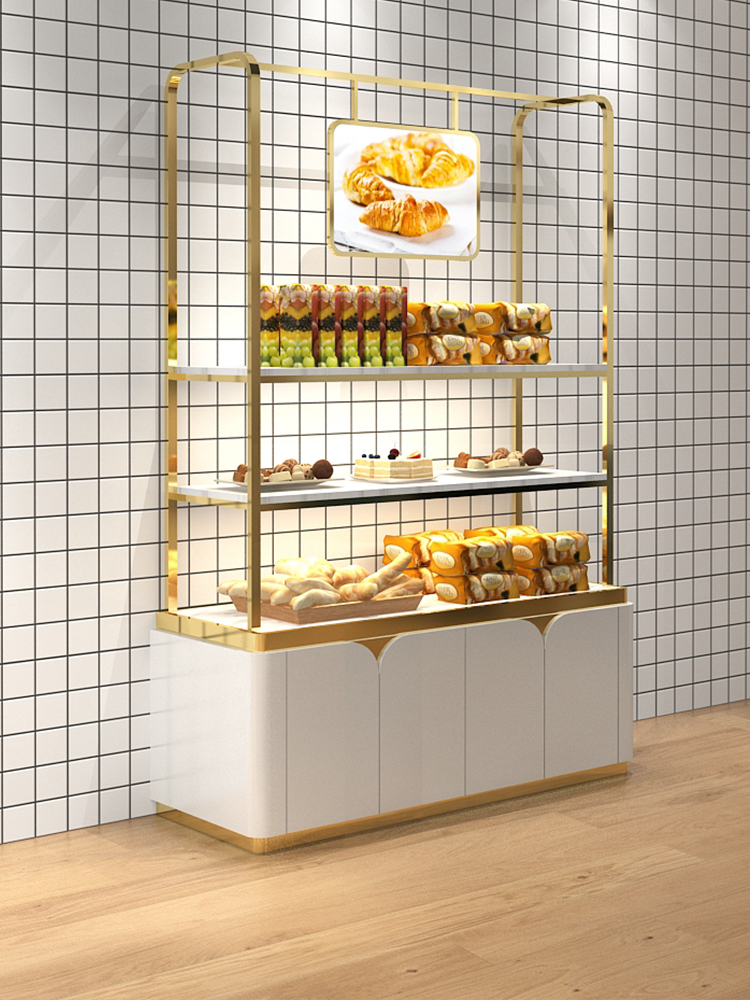 Bread display side cabinet West point cake cabinet model shelf Commercial curved glass titanium plated frame Pastry display rack