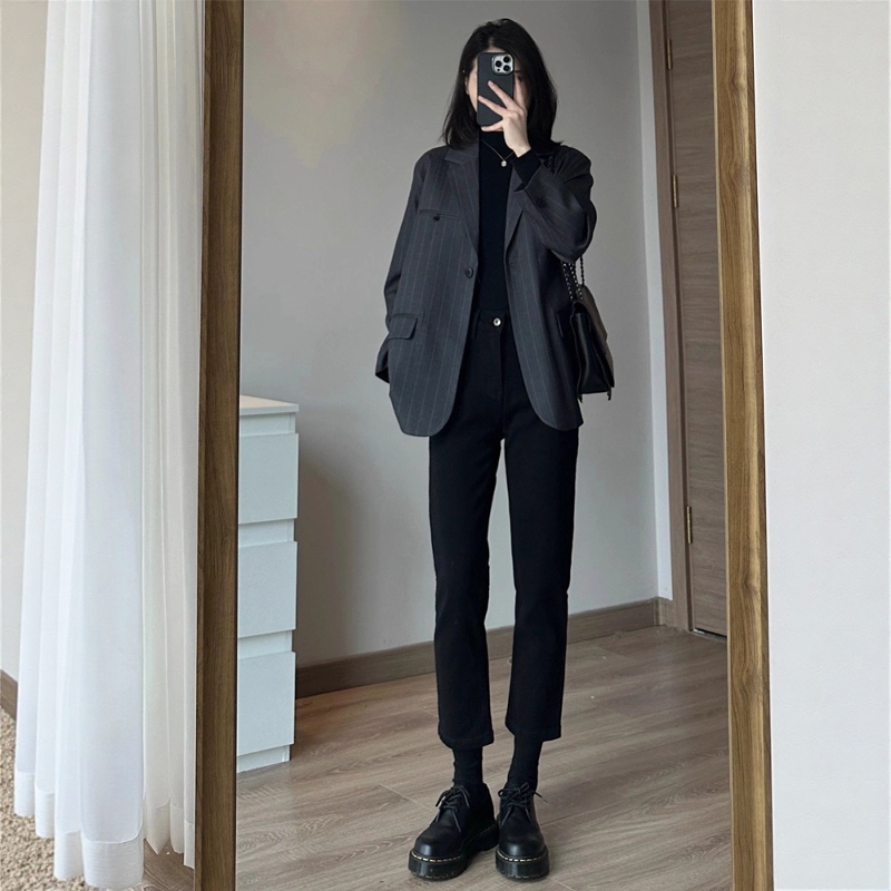 Black Straight-Leg Jeans for Women, 2026 New Spring/Autumn/Summer Thin Style, Petite Baguette Cigarette Nine-Point Length Pants