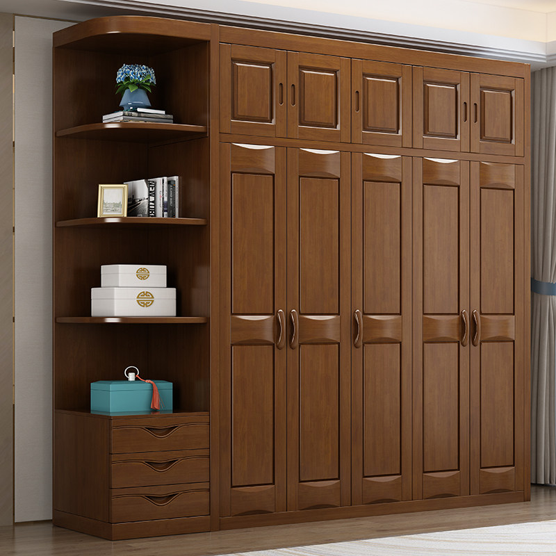 New Chinese style solid wood wardrobe walnut color bedroom multifunctional combination wardrobe storage cabinet modern minimalist simple storage