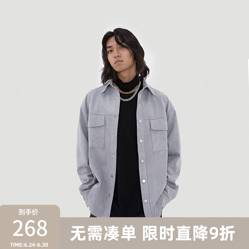 BONELESS tooling pocket suede long sleeve shirt trendy 100 lap single row buttoned shirt jacket man