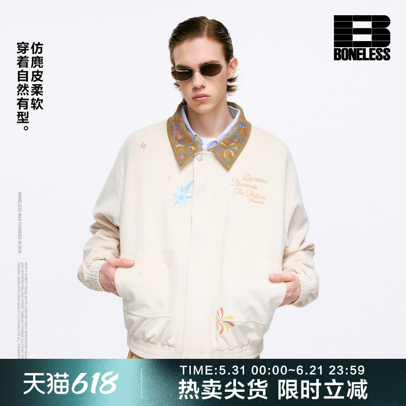 Boneless Colorful Fireworks Embroidery Faux Suede Jacket Spring Loose Lapel Color-Blocking Design Couple's Coat Boneless Colorful Fireworks Embroidery Faux Suede Jacket Spring Loose Lapel Color-Blocking Design Couple's Coat