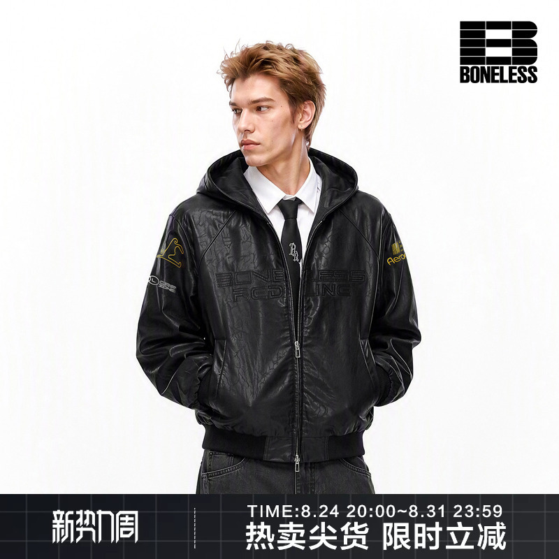 Boneless Patchwork Embroidery American Retro Hooded Jacket Pu Leather Street Fashion Brand Loose Heavyweight Coat Boneless Patchwork Embroidery American Retro Hooded Jacket Pu Leather Street Fashion Brand Loose Heavyweight Coat