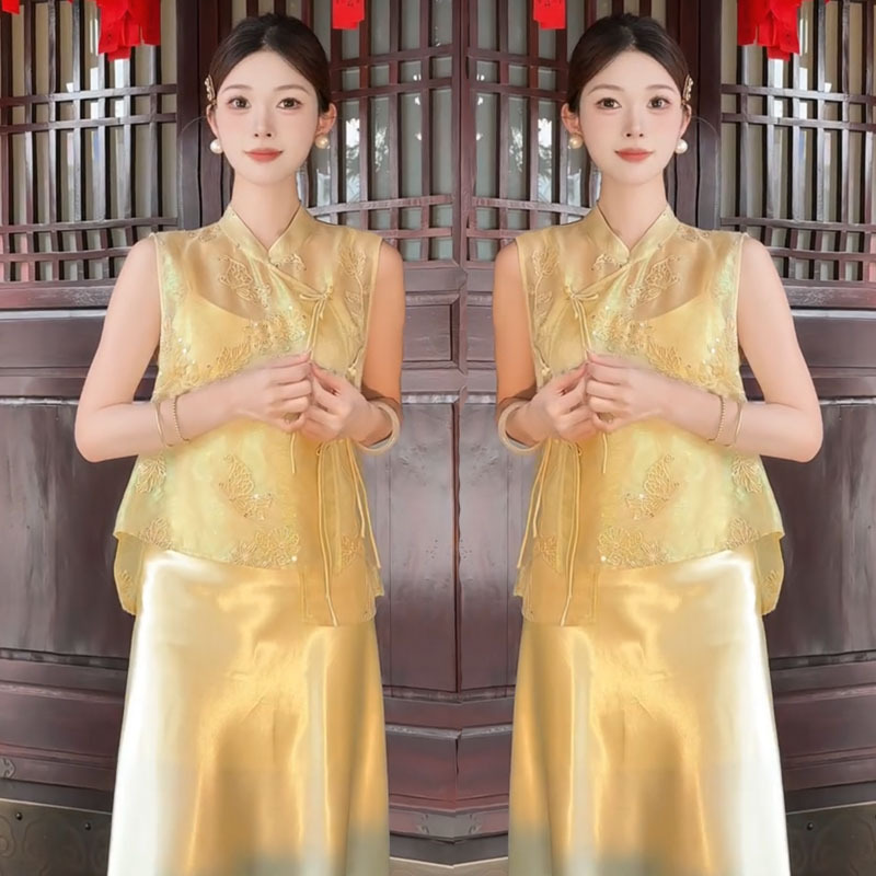 2026 Summer New Heavy Embroidery Jacquard Beaded Vest New Chinese Style Sleeveless Top Strap Dress