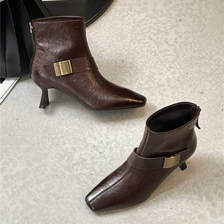 2025 осень и зима новые короткие ботинки на шпильке с квадратным носком